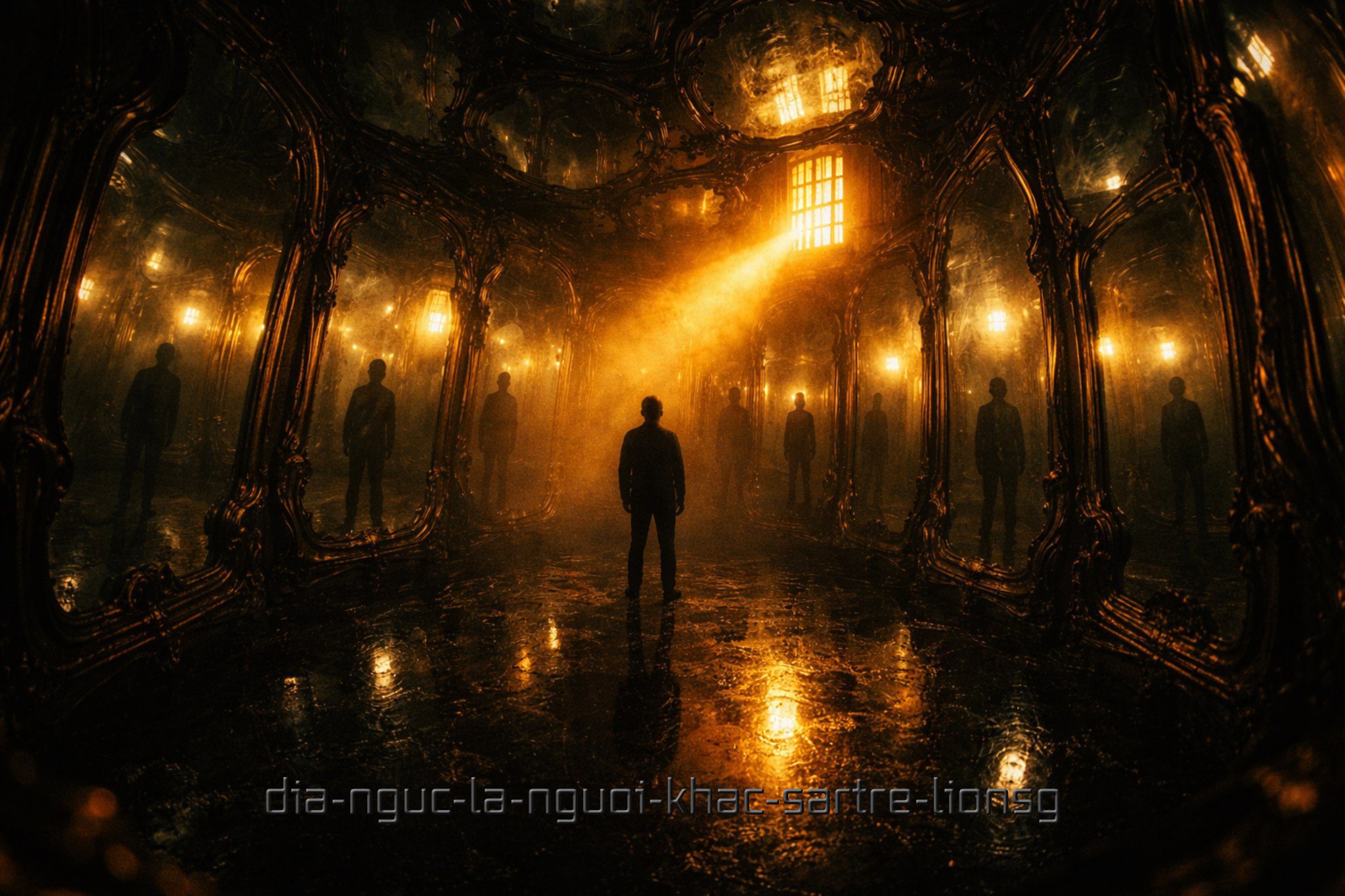 Bóng người soi mình trong căn phòng đầy gương biến dạng, minh họa triết học Sartre.