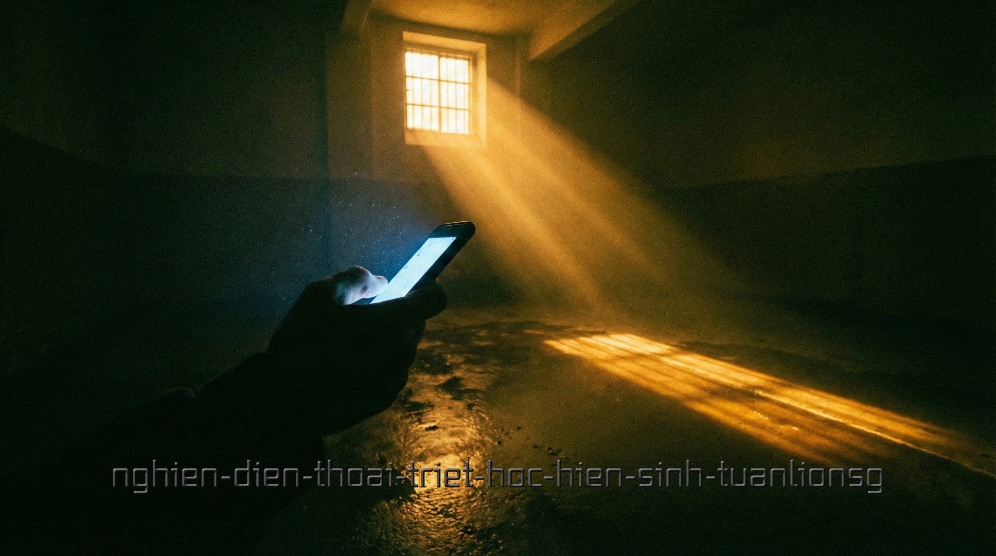 Bàn tay cầm điện thoại phát sáng xanh đối lập với tia sáng vàng amber từ cửa sổ nhà tù.