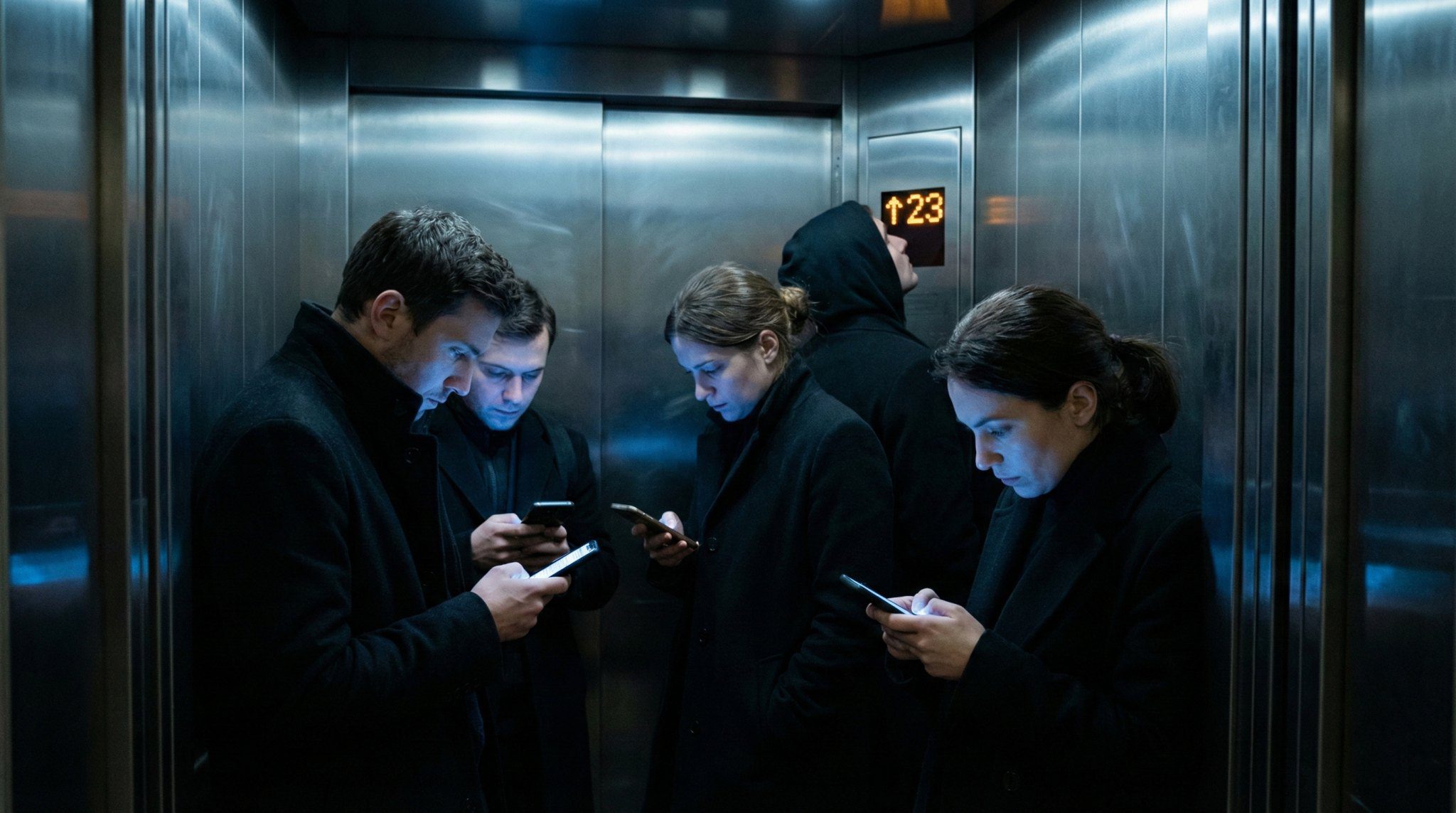Góc chụp rộng trong thang máy kim loại, đám đông đứng sát nhau nhưng cúi mặt vào điện thoại, chỉ có một người không dùng máy nhìn lên bảng đèn tầng.