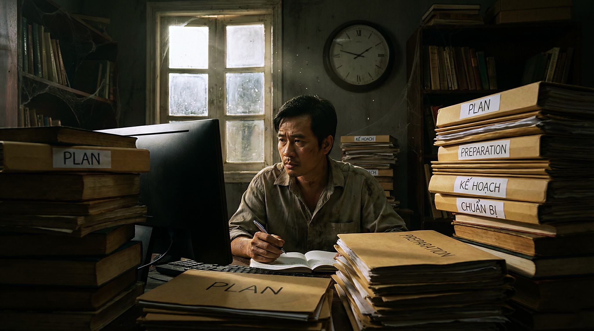 Người đàn ông ngồi bất động giữa những chồng sách và hồ sơ ghi chữ Kế hoạch, minh họa cho sự trì hoãn và hội chứng chuẩn bị vĩnh cửu trong bài hát Time của Pink Floyd.