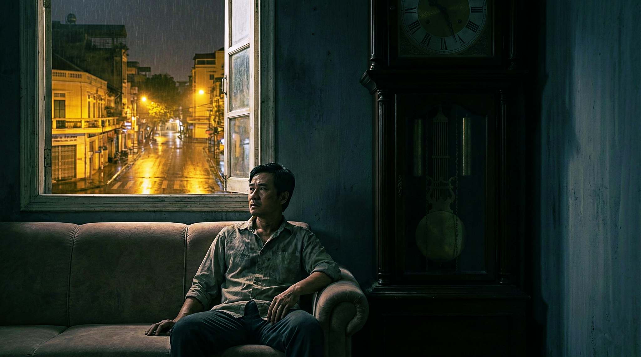 Một người ngồi đơn độc trong bóng tối bên cạnh chiếc đồng hồ quả lắc lớn vào đêm giao thừa, suy tư về sự trôi đi của thời gian và cái chết.