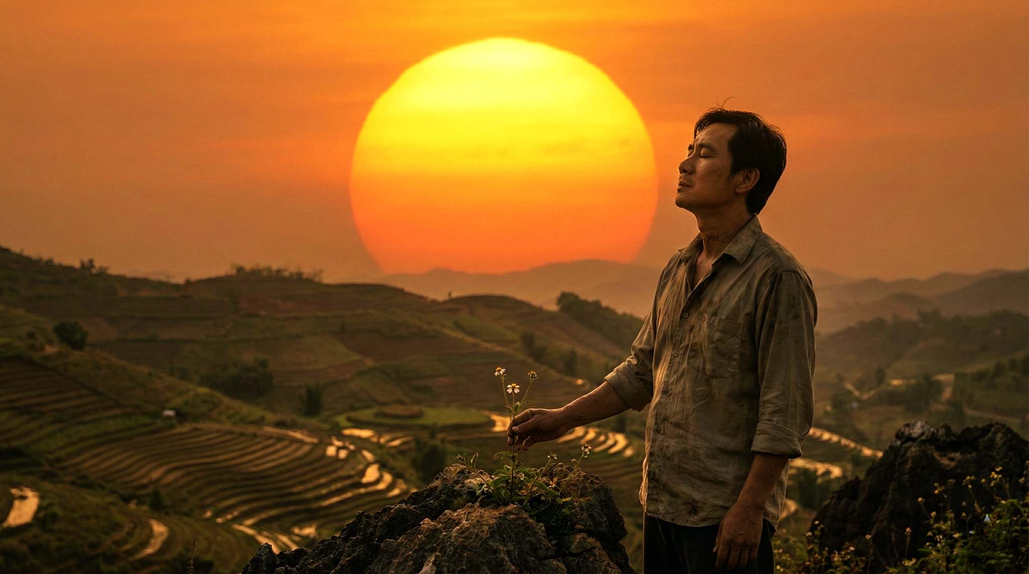 Người đứng trước ánh mặt trời rực rỡ, tận hưởng khoảnh khắc hiện tại, biểu tượng cho thời gian Kairos và sự chấp nhận kiếp người hữu hạn.