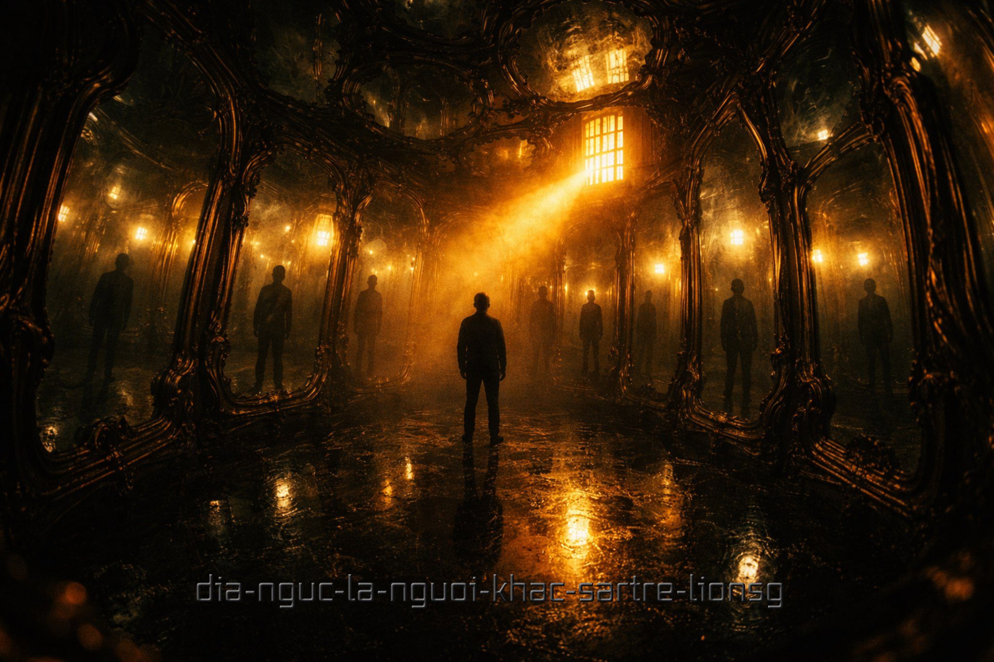 Bóng người soi mình trong căn phòng đầy gương biến dạng, minh họa triết học Sartre.