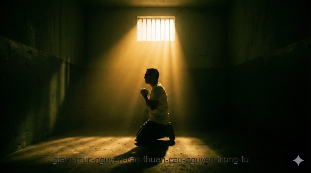 Giám mục Thuận quỳ cầu nguyện trong phòng giam dưới ánh sáng vàng thiên linh.