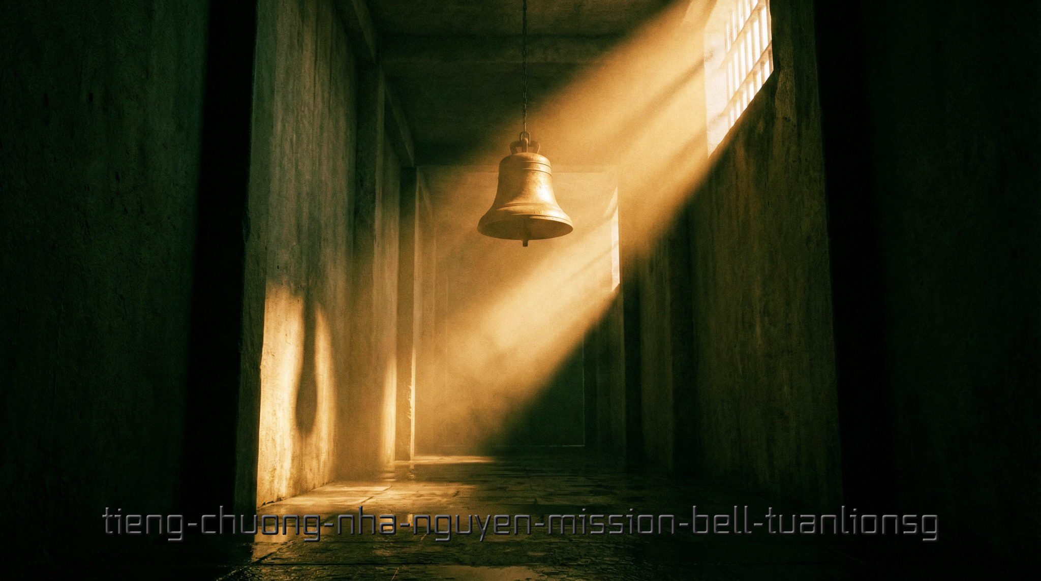 Hành lang nhà tù cũ kỹ với chiếc chuông Mission Bell dưới luồng sáng volumetric amber.